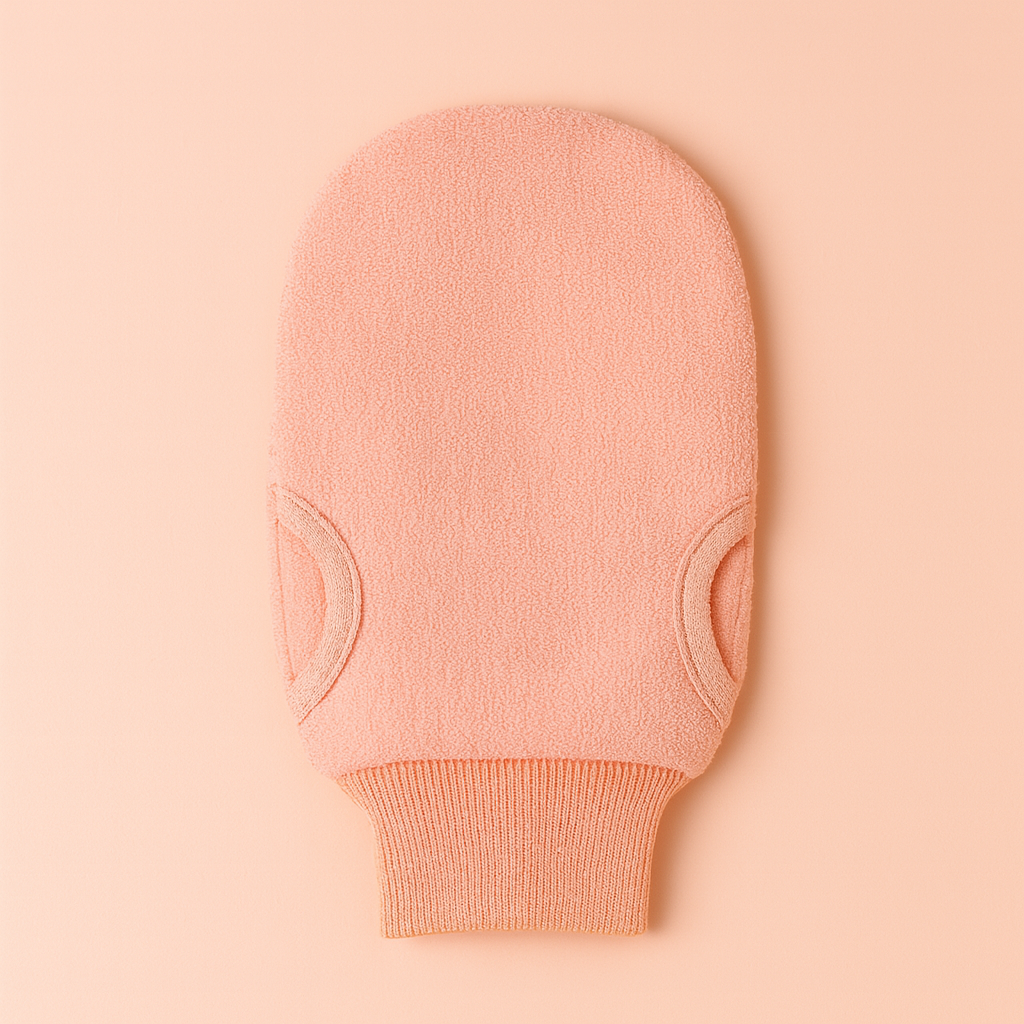 Pink exfoliating glove on a peach background