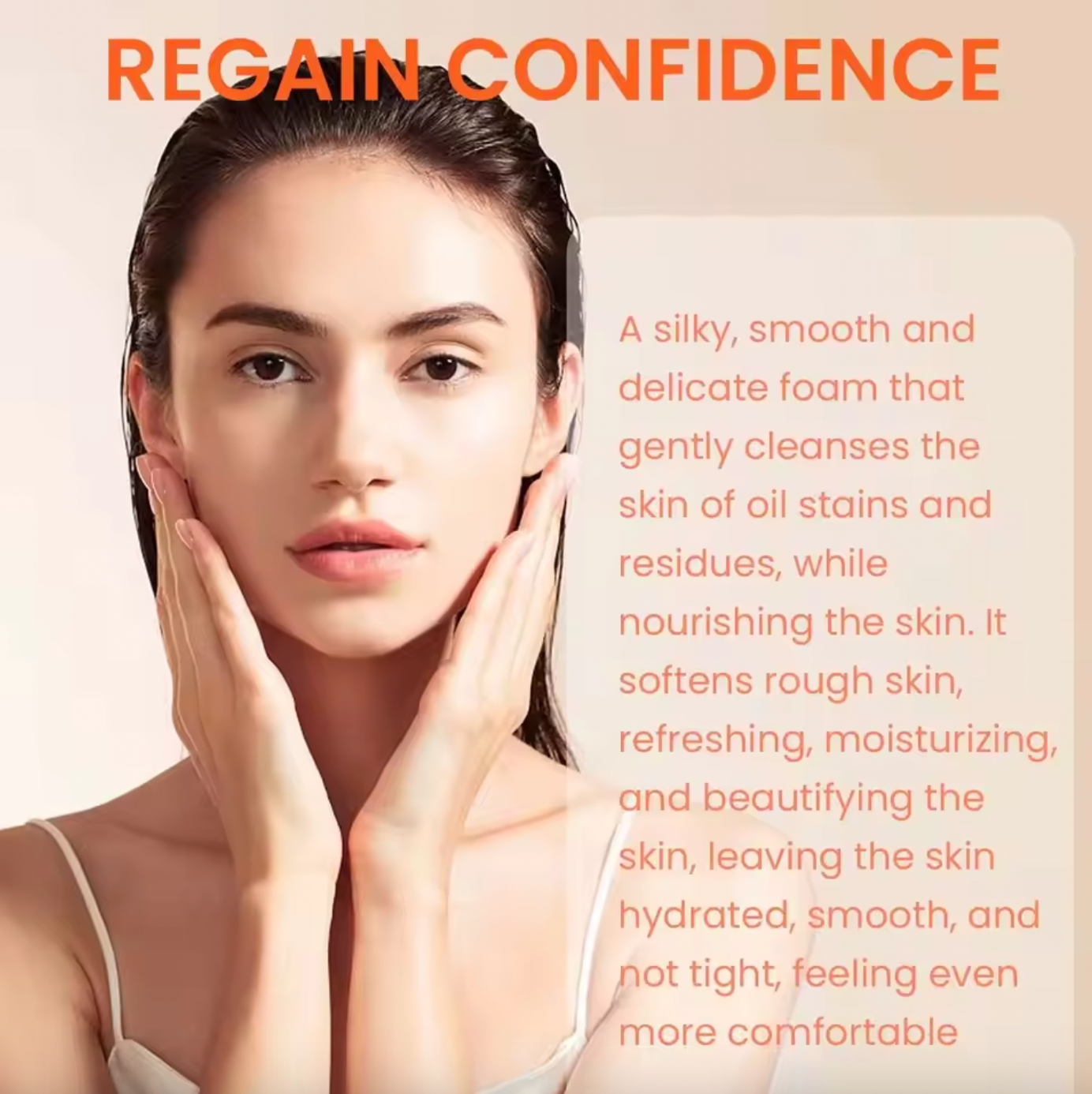 Woman with hands on face against a beige background with text about skincare product benefits