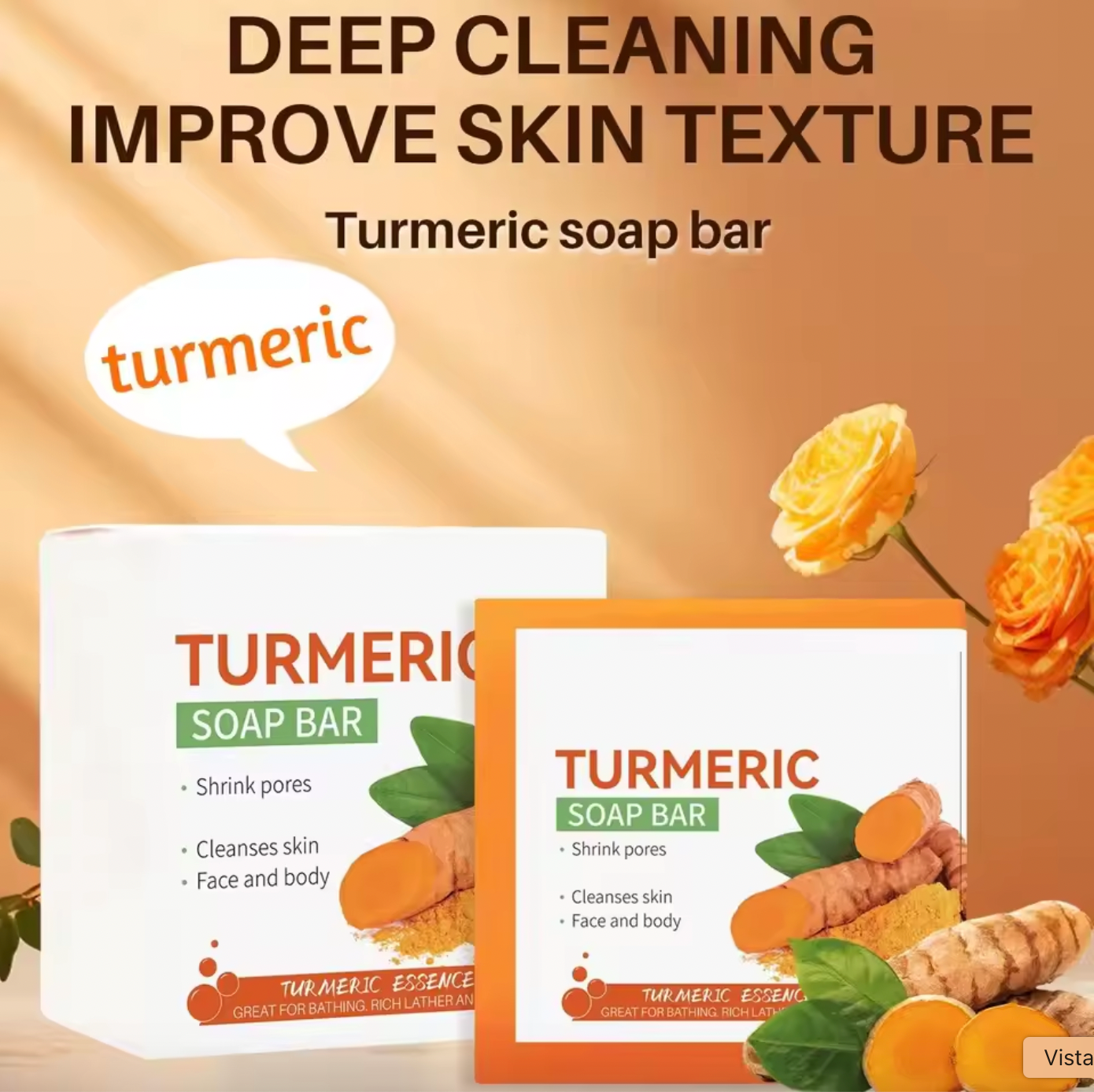 Turmeric soap bar packaging with turmeric roots and flowers on a beige background