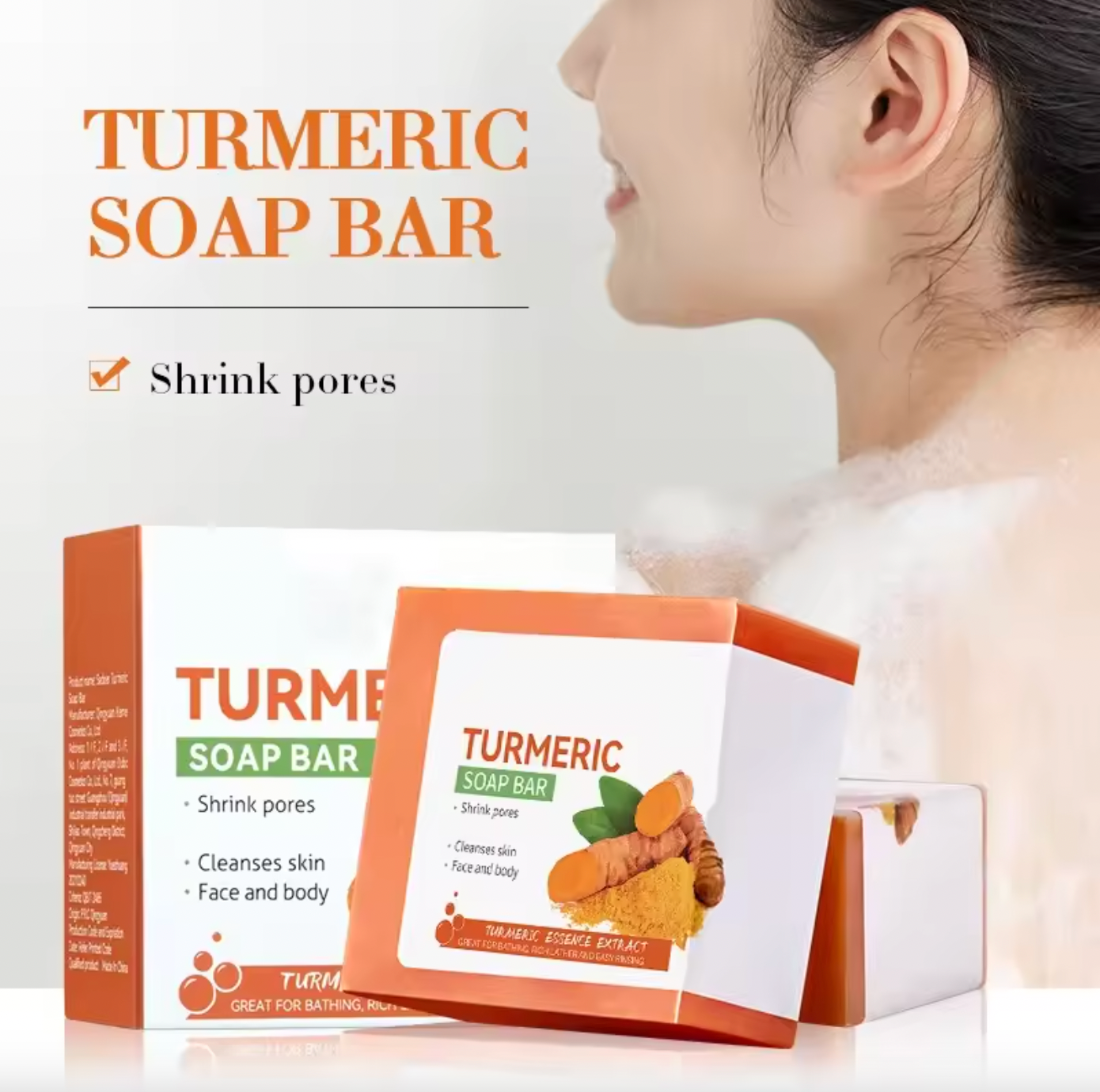 Turmeric soap bar packaging with a woman washing her face, highlighting the product's benefits.