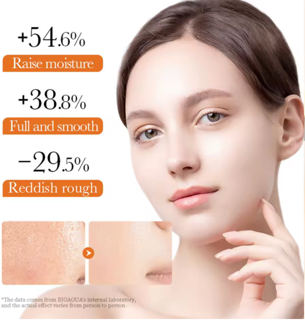 Woman's face with skincare benefits displayed on a white background