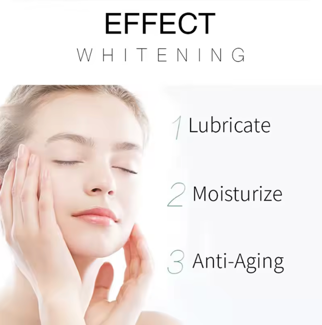 Woman applying cream to face with text 'Effect Whitening' and steps for use.