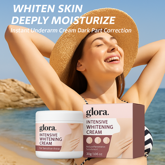 Woman on a beach with glora intensive whitening cream and packaging