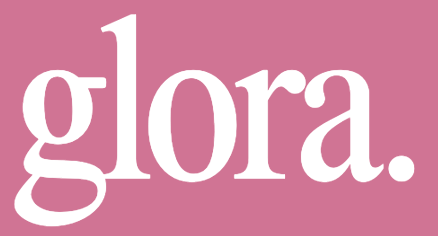 White 'glora.' logo on a pink background