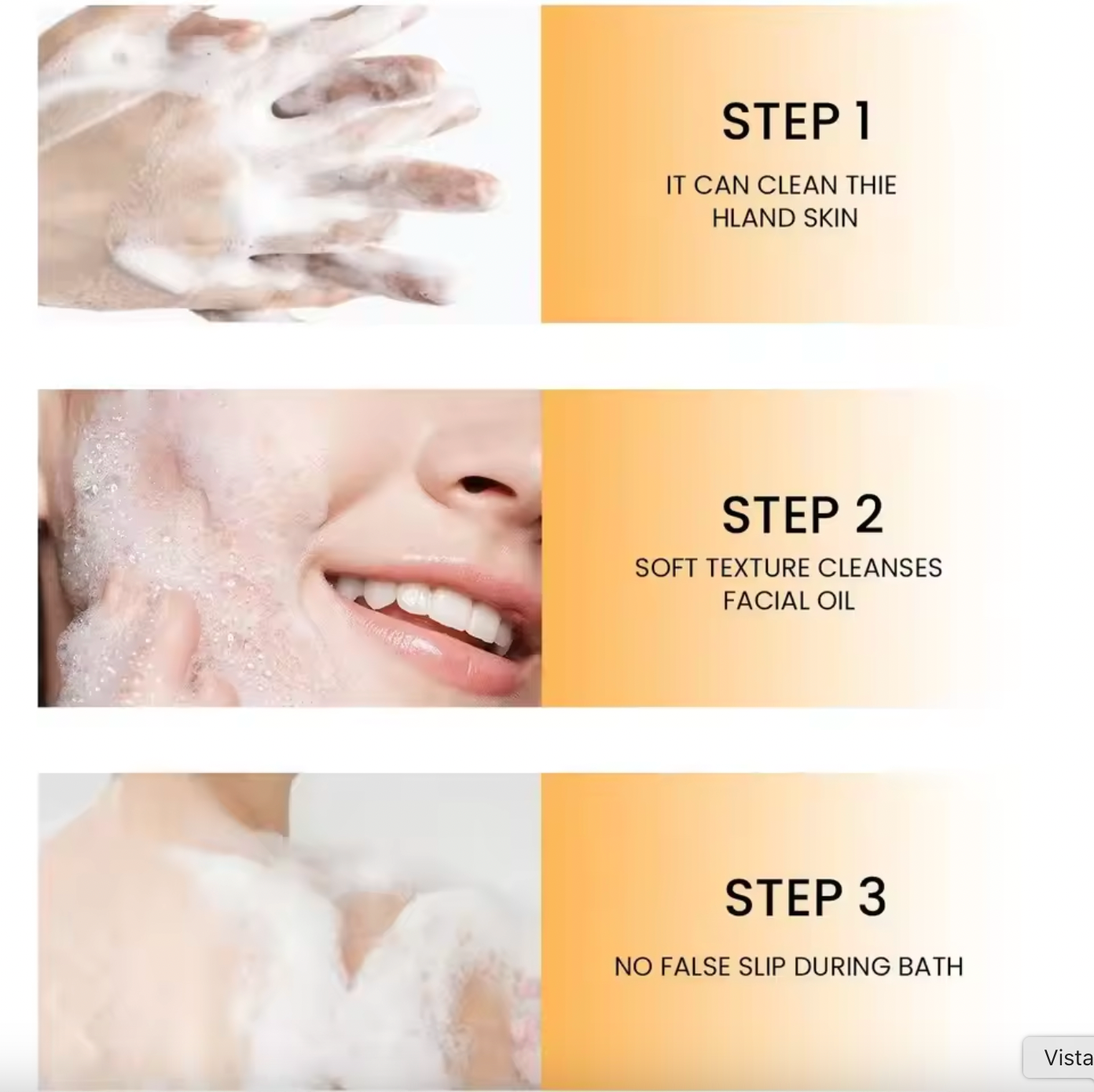 Three-step skincare routine with hands and face shown, labeled 'Step 1', 'Step 2', and 'Step 3'.