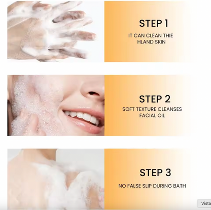 Three-step skincare routine with hands and face shown, labeled 'Step 1', 'Step 2', and 'Step 3'.