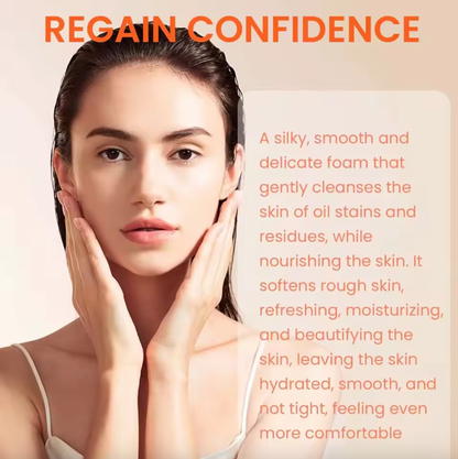 Woman with hands on face against a beige background with text about skincare product benefits