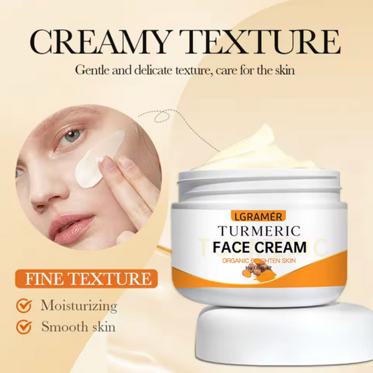 Turmeric face cream jar with text highlighting creamy texture and benefits on a beige background